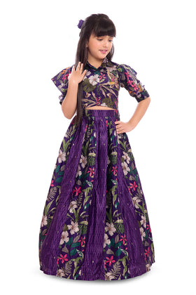 Tiny Kingdom Purple Floral Top & Lehenga Set for Girls