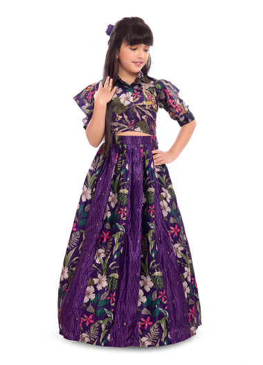 Tiny Kingdom Purple Floral Top & Lehenga Set for Girls