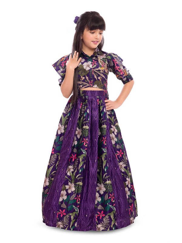 Tiny Kingdom Purple Floral Top & Lehenga Set for Girls