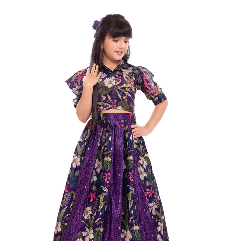 Tiny Kingdom Purple Floral Top & Lehenga Set for Girls