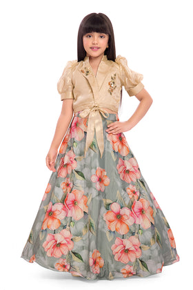 Tiny Kingdom Cream Embellished Top & Floral Skirt Set for Girls