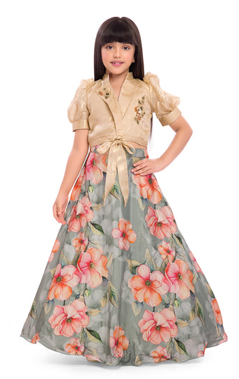 Tiny Kingdom Cream Embellished Top & Floral Skirt Set for Girls