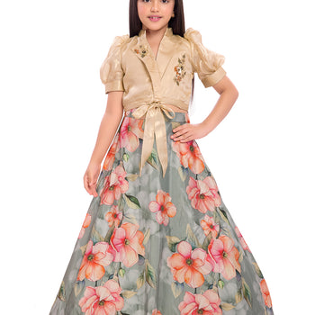Tiny Kingdom Cream Embellished Top & Floral Skirt Set for Girls