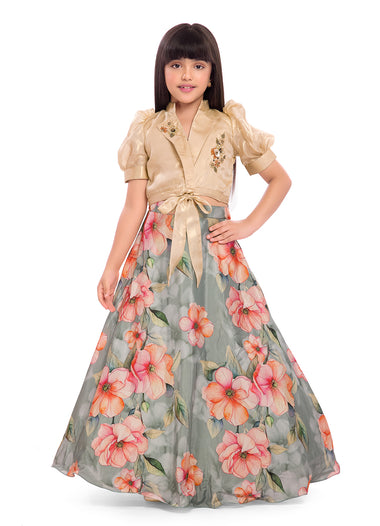 Tiny Kingdom Cream Embellished Top & Floral Skirt Set for Girls