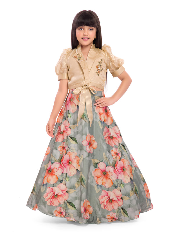 Tiny Kingdom Cream Embellished Top & Floral Skirt Set for Girls