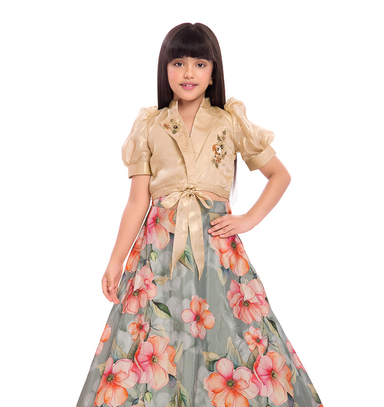 Tiny Kingdom Cream Embellished Top & Floral Skirt Set for Girls