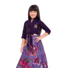 Tiny Kingdom Purple Embroidered Top & Floral Skirt Set for Girls