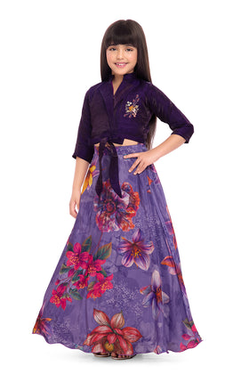 Tiny Kingdom Purple Embroidered Top & Floral Skirt Set for Girls