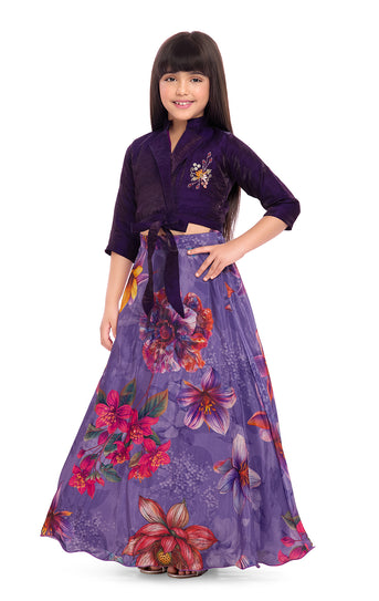 Tiny Kingdom Purple Embroidered Top & Floral Skirt Set for Girls