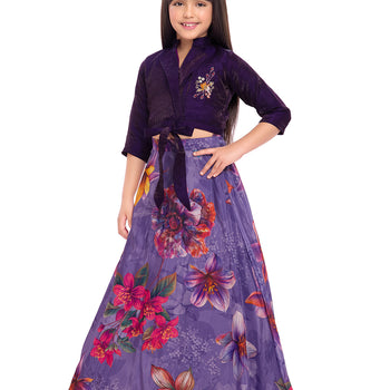 Tiny Kingdom Purple Embroidered Top & Floral Skirt Set for Girls