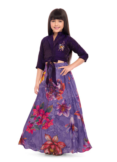 Tiny Kingdom Purple Embroidered Top & Floral Skirt Set for Girls