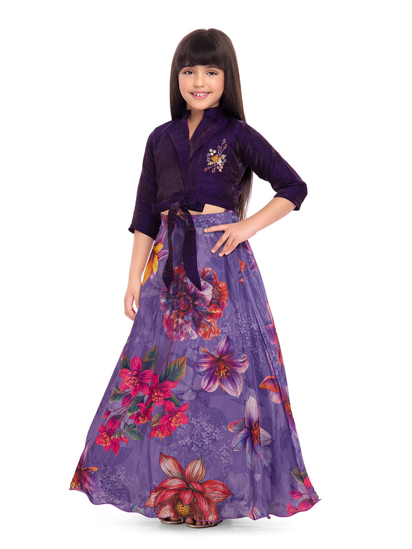 Tiny Kingdom Purple Embroidered Top & Floral Skirt Set for Girls