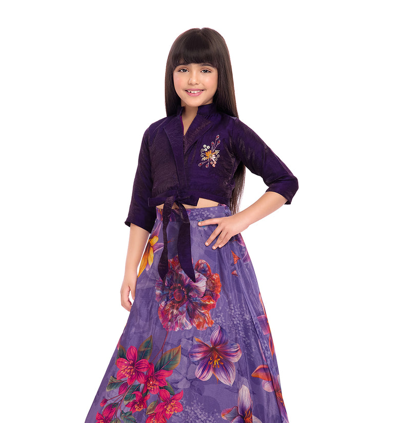 Tiny Kingdom Purple Embroidered Top & Floral Skirt Set for Girls