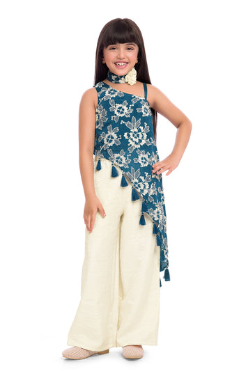 Tiny Kingdom Blue Floral Top & Ivory Palazzo Set for Girls