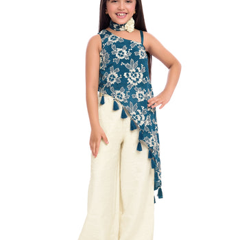 Tiny Kingdom Blue Floral Top & Ivory Palazzo Set for Girls
