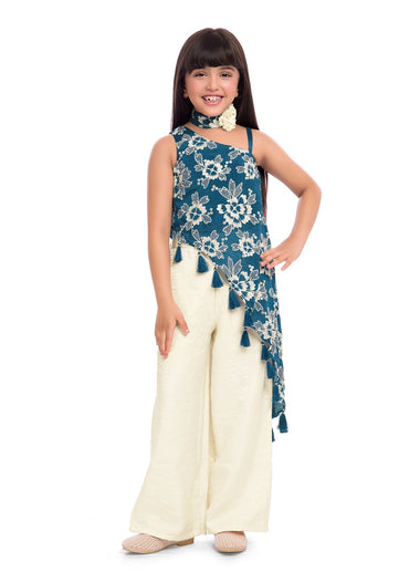Tiny Kingdom Blue Floral Top & Ivory Palazzo Set for Girls