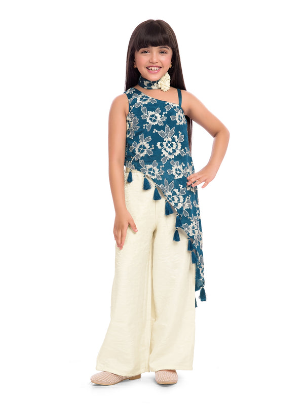 Tiny Kingdom Blue Floral Top & Ivory Palazzo Set for Girls