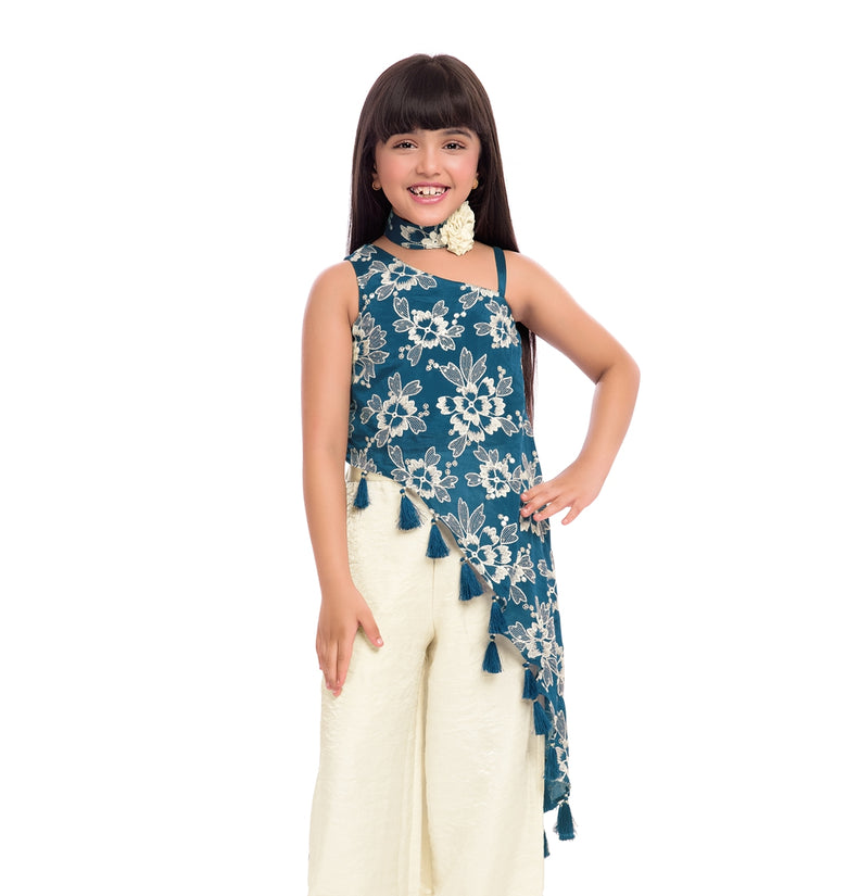 Tiny Kingdom Blue Floral Top & Ivory Palazzo Set for Girls
