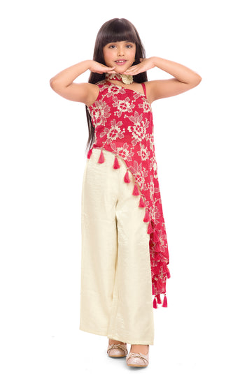 Tiny Kingdom Red Floral Top & Ivory Palazzo Set for Girls
