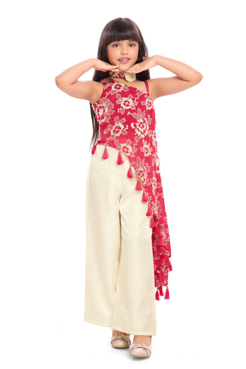 Tiny Kingdom Red Floral Top & Ivory Palazzo Set for Girls