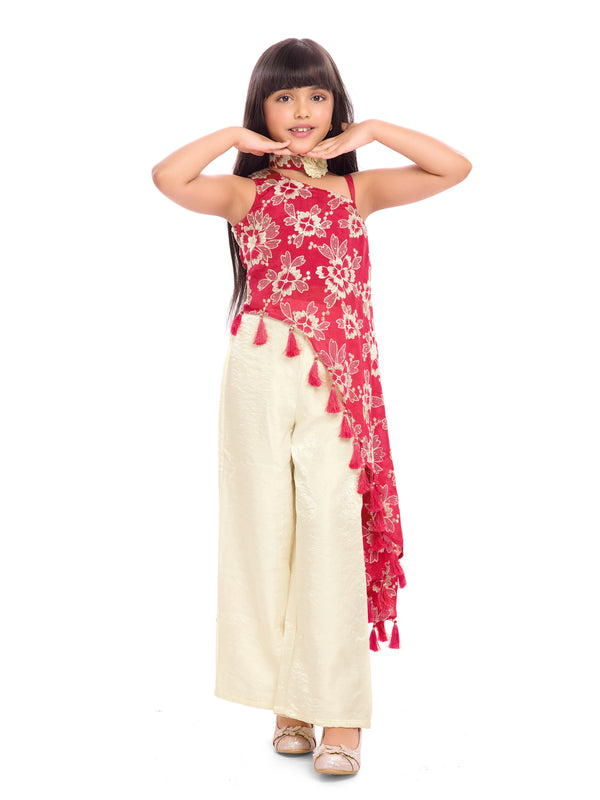 Tiny Kingdom Red Floral Top & Ivory Palazzo Set for Girls