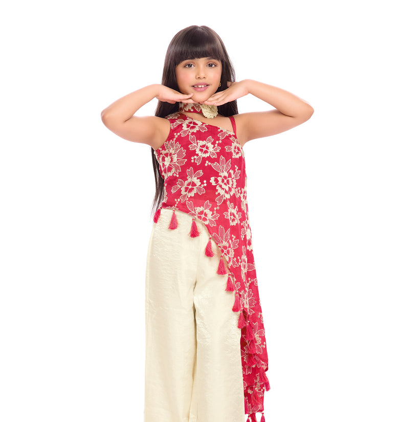 Tiny Kingdom Red Floral Top & Ivory Palazzo Set for Girls